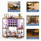 JKsmart Wine Bar Cabinet with LED Lights, Mini Wine Rack with Storage and Glass Holder, Home Bar Cart for Liquor, 3-Tier Bar Table for Kitchen, Dining Room, Living Room, Rustic Brown
