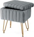 Vanity Stool Chair with Storage, 18.9”H x 16”L x 12.2”W Ottoman Chair Faux Fur Soft Padded Makeup Footstools Seat with 4 Metal Legs Anti-Slip Adjustable Feet for Make Up, Pink