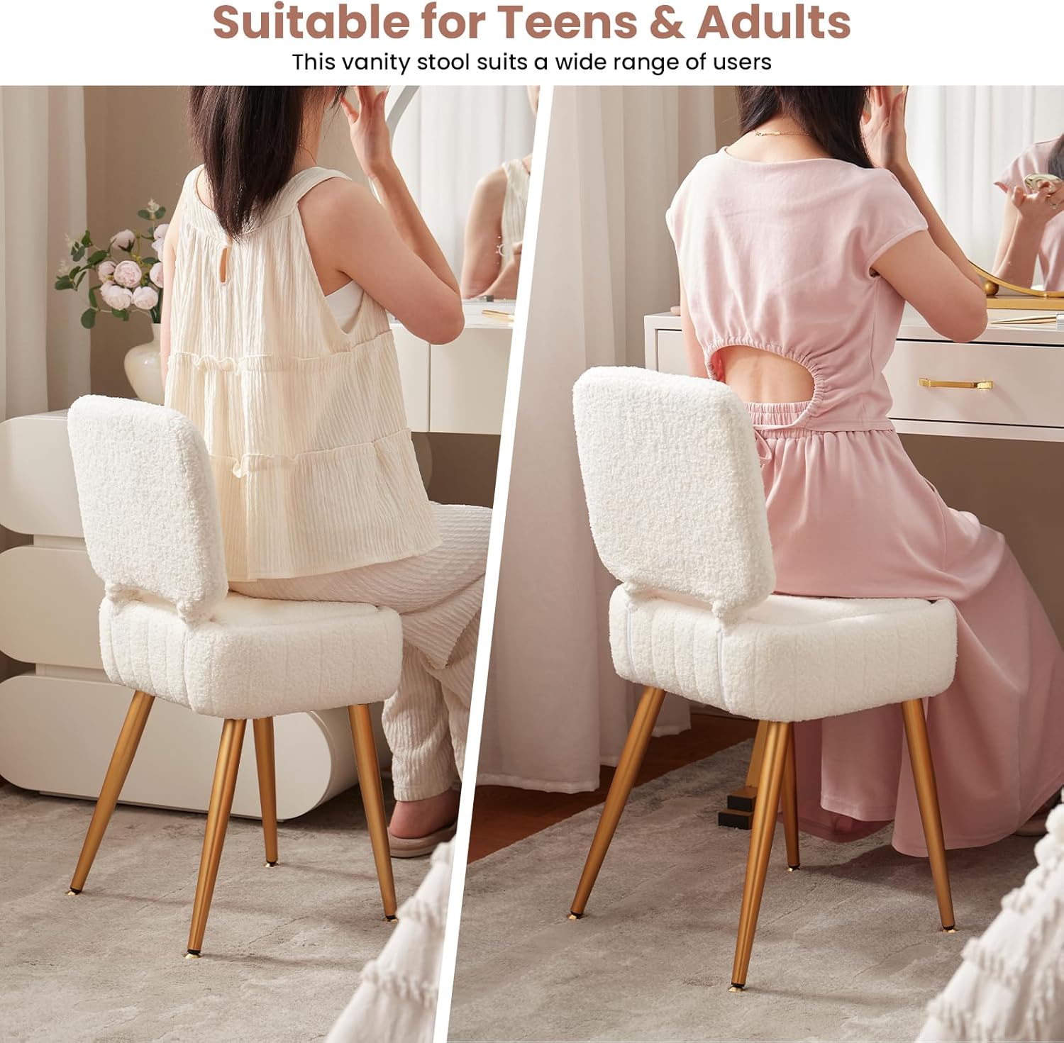 Vanity Chair, Storage Ottoman with Folding Back & Gold-Toned Metal Legs, Ottoman Seat with Teddy Velvet for Dressing Room Living Room Bedroom, 16" x 12.5" Inch