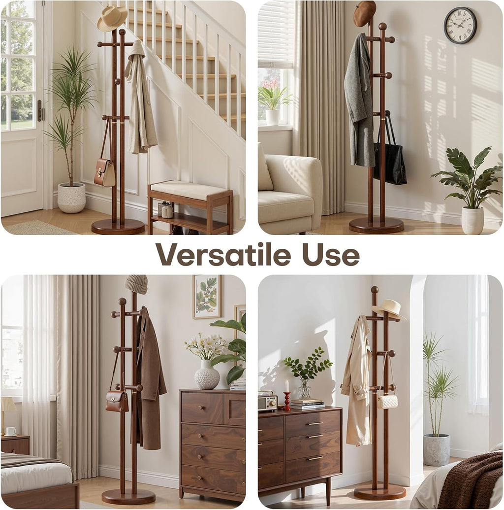 Coat Rack Freestanding, Wooden Coat Tree with 2 Main Rods, Heavy Duty Coat Hanger Stand with 15.75" Dia.Round Base, Walnut Standing Hall Tree for Bedroom Living Room, Clothes Jacket Bag Hat