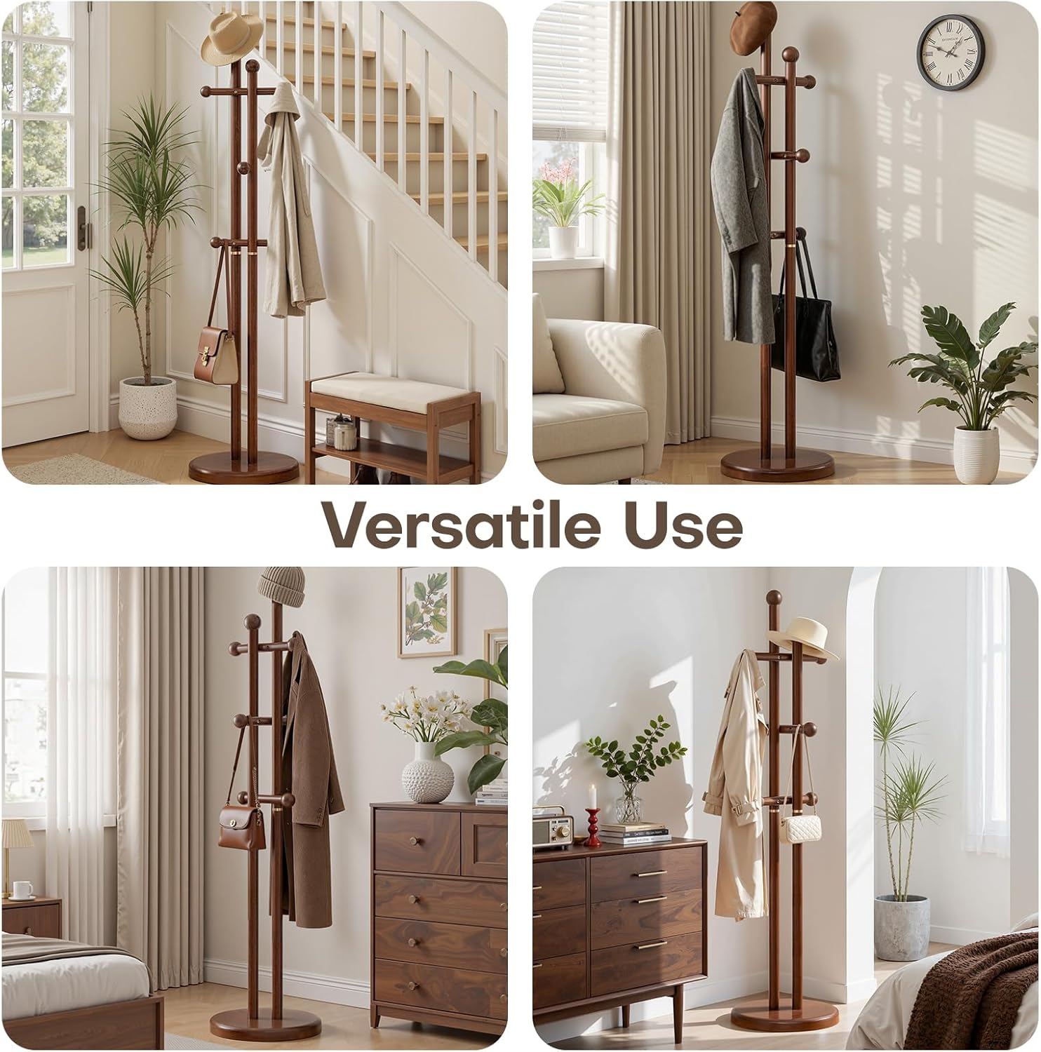 Coat Rack Freestanding, Wooden Coat Tree with 2 Main Rods, Heavy Duty Coat Hanger Stand with 15.75" Dia.Round Base, Walnut Standing Hall Tree for Bedroom Living Room, Clothes Jacket Bag Hat