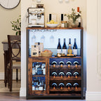 Wine Bar Rack Cabinet with LED Light, Adjustable Shelves Coffee Bar Cabinet with Mesh Door and Baffle Design, 36″ Tall Small Liquor Bar Cabinet for Home, Kitchen, Dinning Room, Rustic Brown