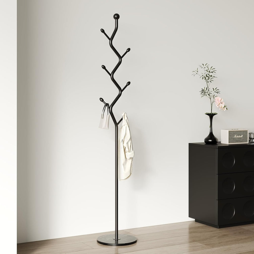 Tree Branch-Look Coat Rack Freestanding with 6 Hooks & Sturdy Marble base Metal Clothes Hanger Stand for Entryway/Mudroom/Bedroom/Hallway/Home Office (Matte black)