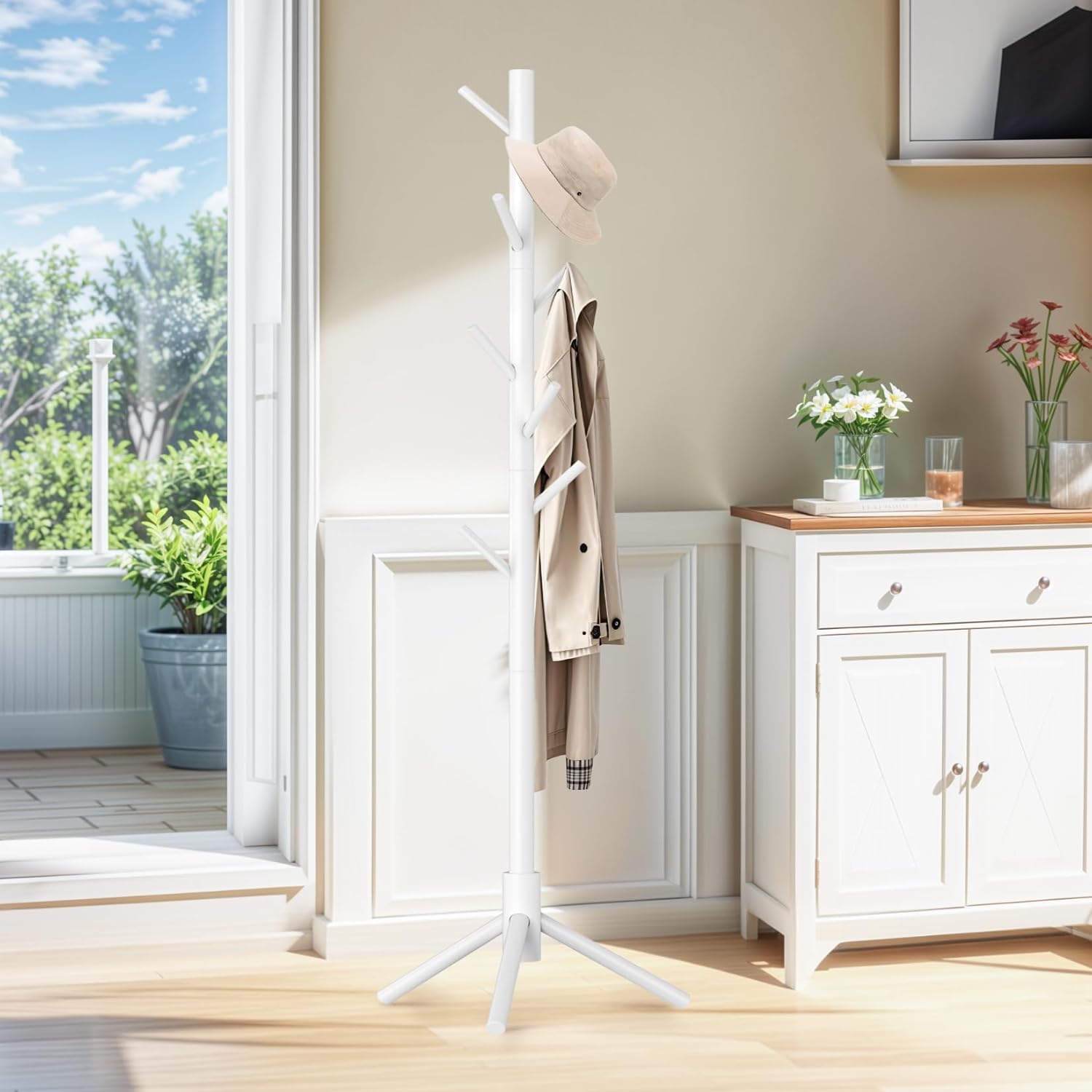 Coat Rack Freestanding with 8 Hooks,Easy Assembly New Zealand Pine Tree Coat Racks, 3 Adjustable Sizes for Clothes, Hats, Bags, for Entryway, Hallway, Bedroom, Office (White, 1 PC)
