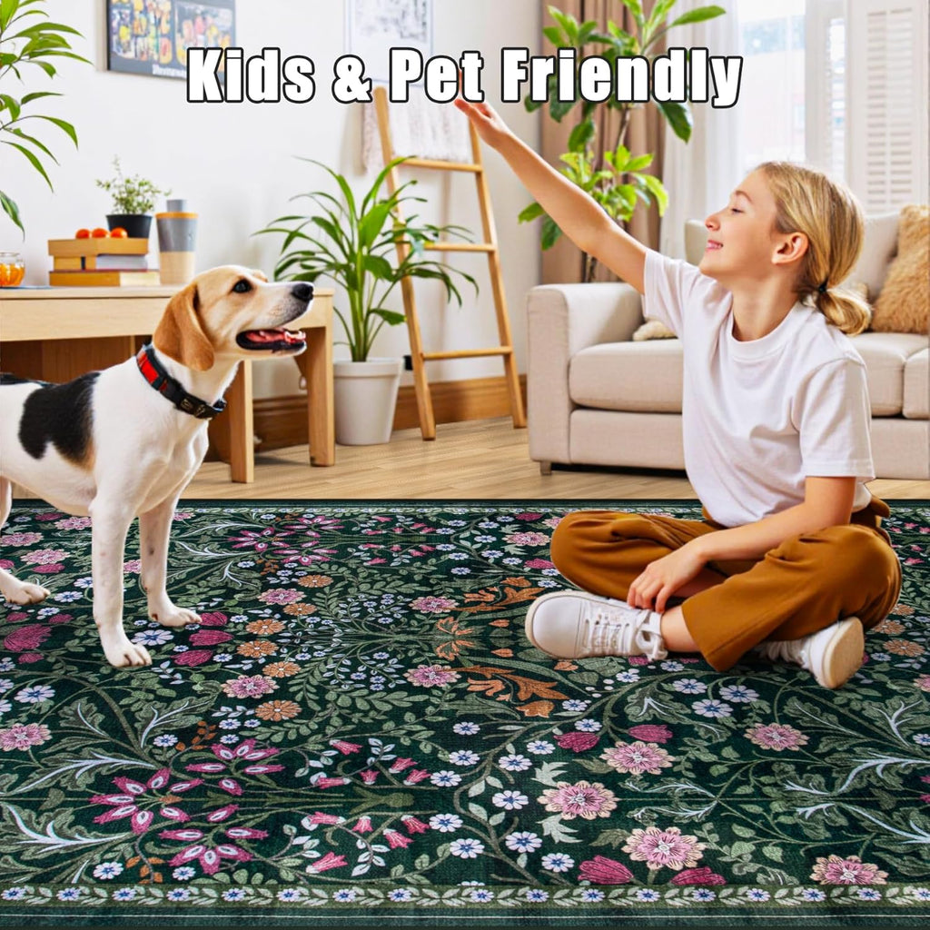 8x10 Area Rugs for Living Room: Floral Washable Rug Vintage Large Soft Boho Non-Slip Carpet Indoor Floor Stain Resistant Carpets for Bedroom Dining Room Farmhouse Nursery Home Office Dark Green