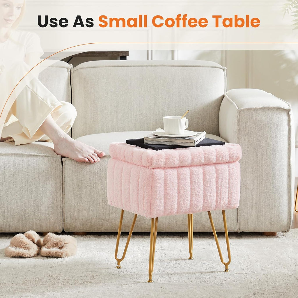 Vanity Stool Chair with Storage, 18.9”H x 16”L x 12.2”W Ottoman Chair Faux Fur Soft Padded Makeup Footstools Seat with 4 Metal Legs Anti-Slip Adjustable Feet for Make Up, Pink