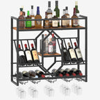 HOOBRO Wall Mounted Wine Rack with LED Light, 31.5" Wine Shelf, 3 Tier Wine Bottle Display Shelf with Glass Holder, Hanging Bar Liquor Storage Rack, for Kitchen, Bar, Rustic Brown and Black BF73DBJ01