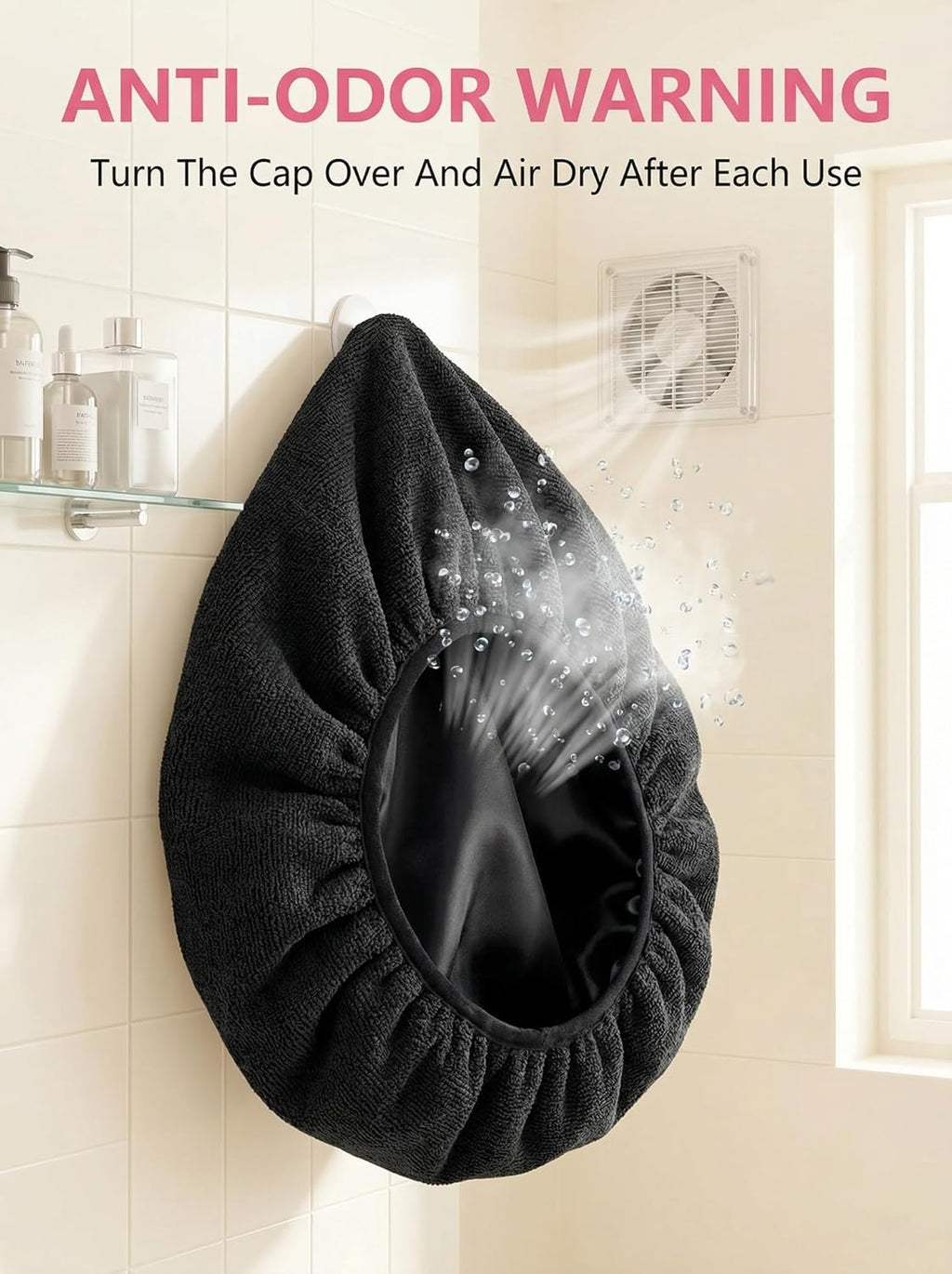 Shower Cap,Terry Lined Shower Cap for Women Reusable, Triple Layer Waterproof Bath Cap, Extra Large for Women Long Hair(Black)