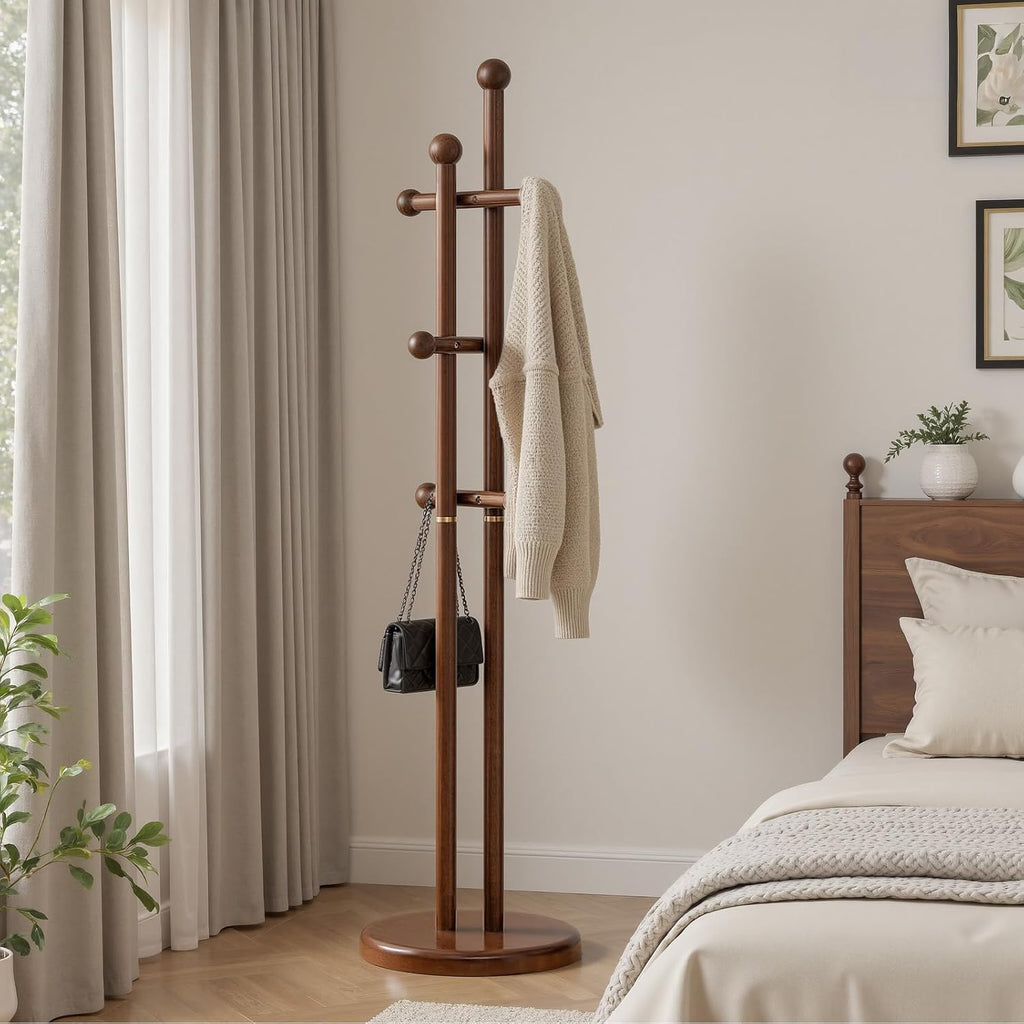 Coat Rack Freestanding, Wooden Coat Tree with 2 Main Rods, Heavy Duty Coat Hanger Stand with 15.75" Dia.Round Base, Walnut Standing Hall Tree for Bedroom Living Room, Clothes Jacket Bag Hat
