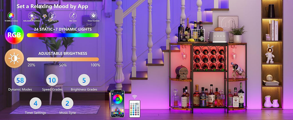 JKsmart Wine Bar Cabinet with LED Lights, Mini Wine Rack with Storage and Glass Holder, Home Bar Cart for Liquor, 3-Tier Bar Table for Kitchen, Dining Room, Living Room, Rustic Brown
