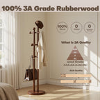 Coat Rack Freestanding, Wooden Coat Tree with 2 Main Rods, Heavy Duty Coat Hanger Stand with 15.75" Dia.Round Base, Walnut Standing Hall Tree for Bedroom Living Room, Clothes Jacket Bag Hat