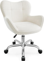 Vanity Chair with Wheels, Cute Home Office Desk Chairs Adjustable Height for Living Bedroom, Small Modern Fluffy Velvet Makeup Chair with Back for Girls (White)