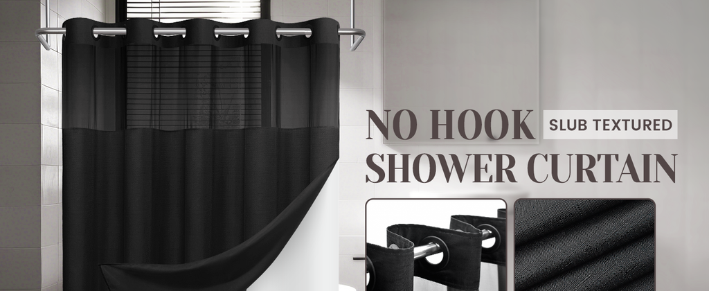 No Hook Slub Textured Shower Curtain with Snap in Liner - Black Fabric Outer Curtain & Waterproof Inner Liner, Hotel Style with See Through Top Window, 71x74 in