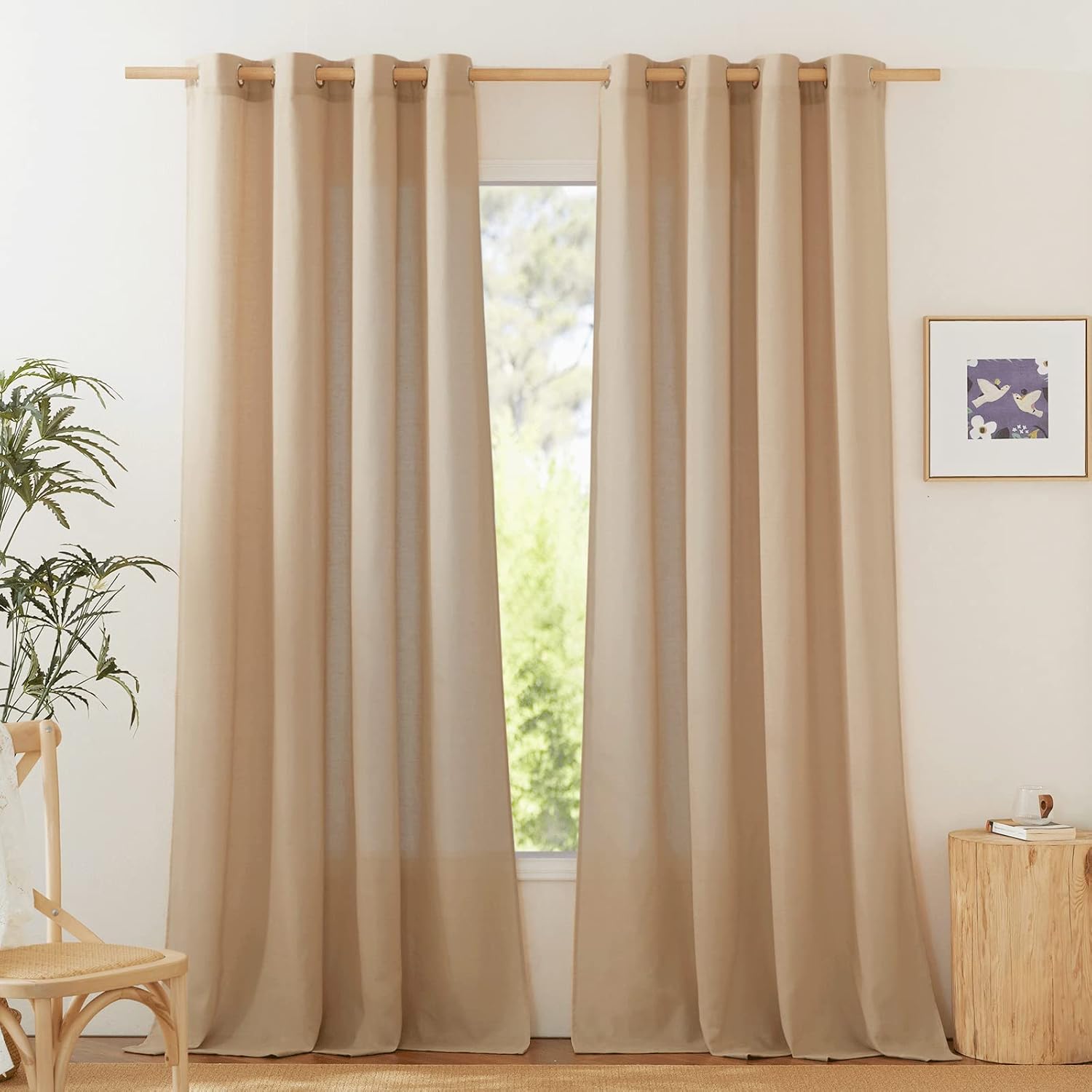 Natural Linen Curtains 84 inch Long 2 Panels Set, Grommet Top Thick Linen Burlap Semi Sheer Vertical Drapes Privacy Assured with Light Filtering for Bedroom/Living Room, W55 x L84