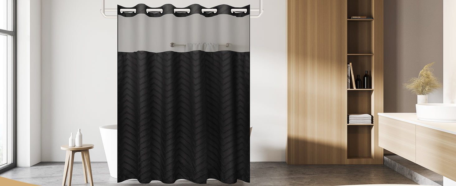 No Hook Shower Curtain and Liner Set, Black Snap in Shower Curtain Ringless Chevron Tufted Cloth Waterproof Washable Fabric Bath Curtain with See Through Top Window for Bathroom Hotel 71" x 74"