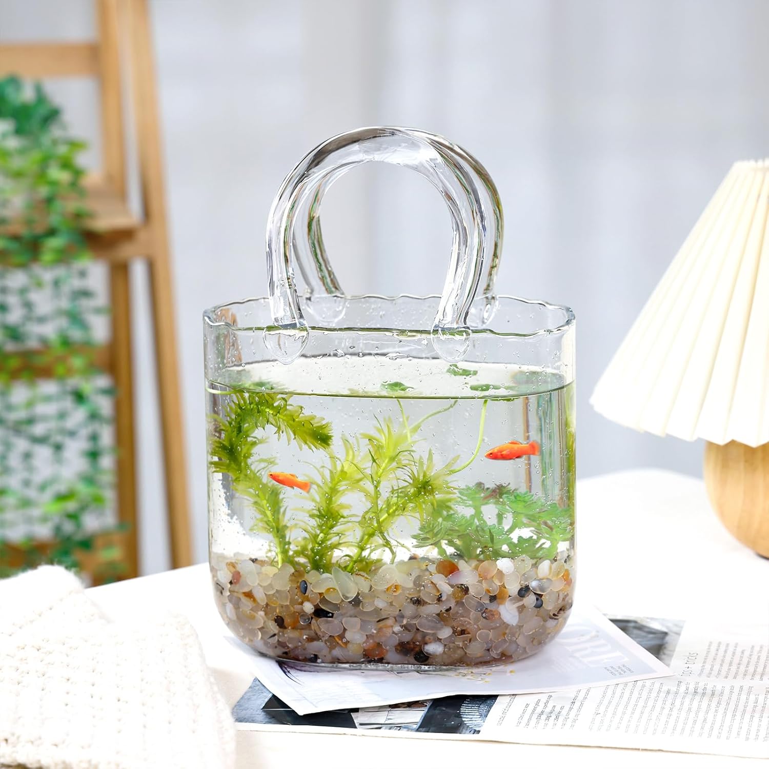 Glass Purse Vase for Flowers, Clear Bag Vases with Handle, Unique Cute Handbag Shape Decorative Flower Vases with Fish Bowl for Centerpieces Home Table Shelf Decor Birthday