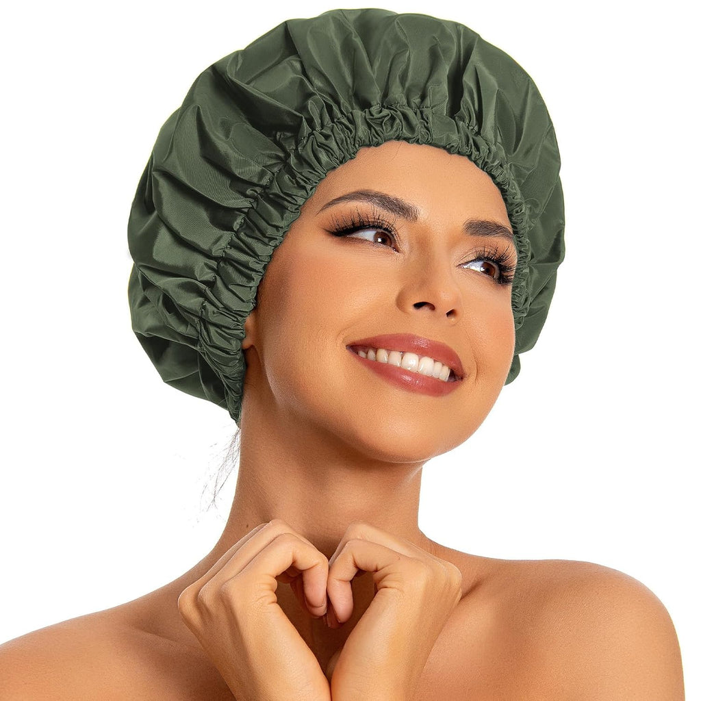 Reusable Shower Cap for Women, Large Waterproof Shower Bonnet Washable Elastic Band Bath Hair Hat for Long Hair, Braids(Green)