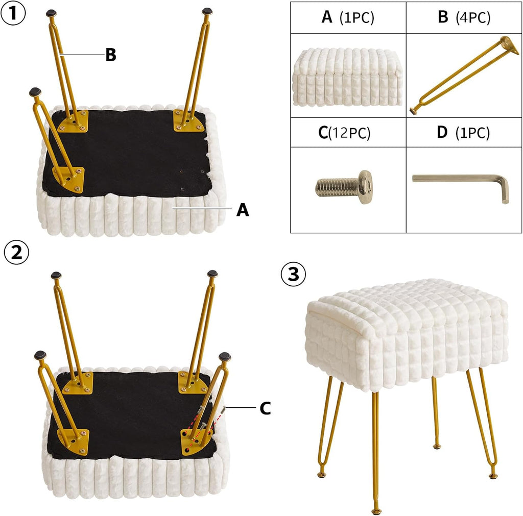 Rectangle Vanity Chair with Storage Space, Footrest Footstool Ottoman, Vanity Stool, Dressing Table Chair, with Anti-Slip Feet, for Makeup Room, Bedroom, Square Grid Pattern, White WBD004W