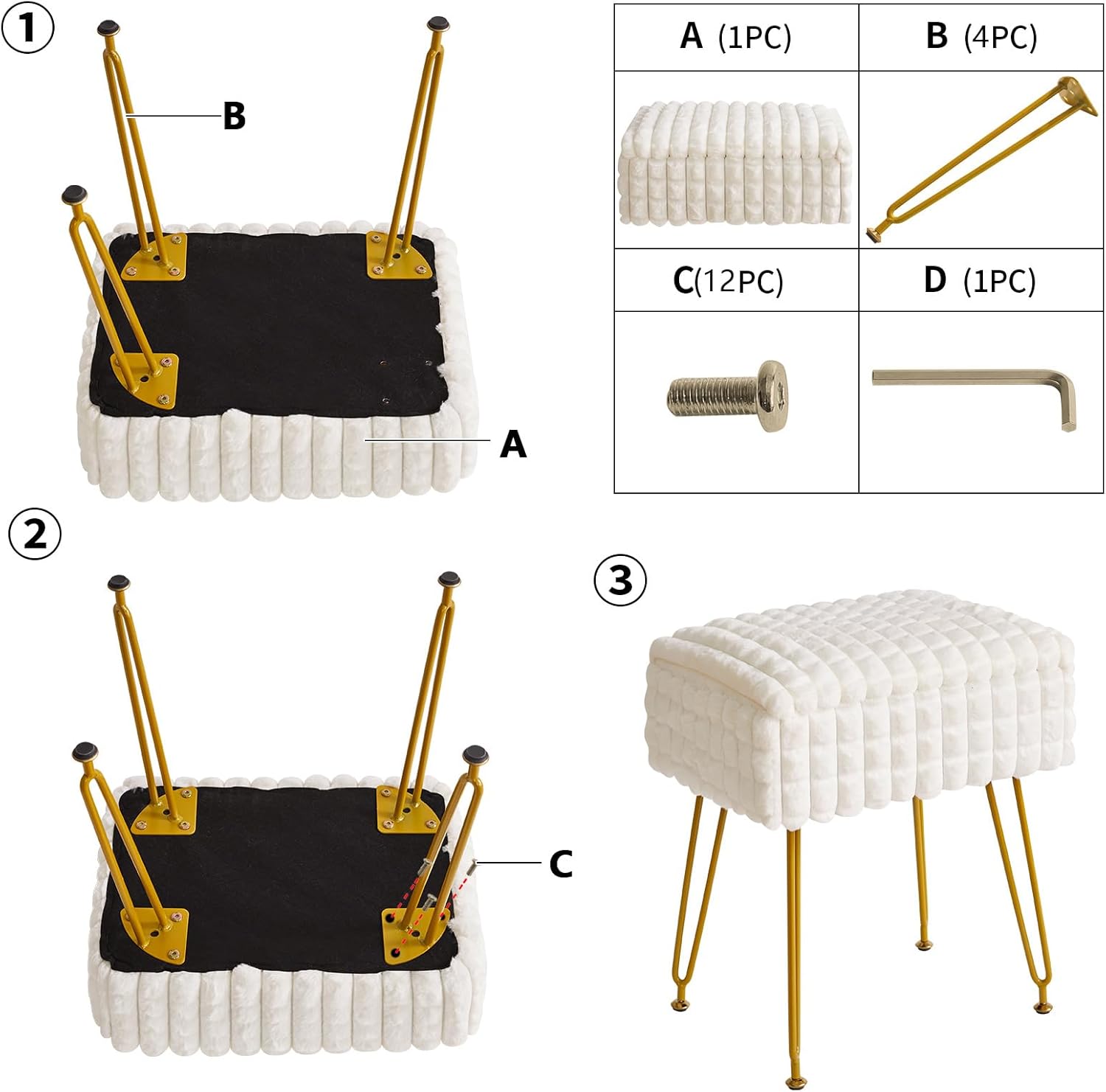 Rectangle Vanity Chair with Storage Space, Footrest Footstool Ottoman, Vanity Stool, Dressing Table Chair, with Anti-Slip Feet, for Makeup Room, Bedroom, Square Grid Pattern, White WBD004W