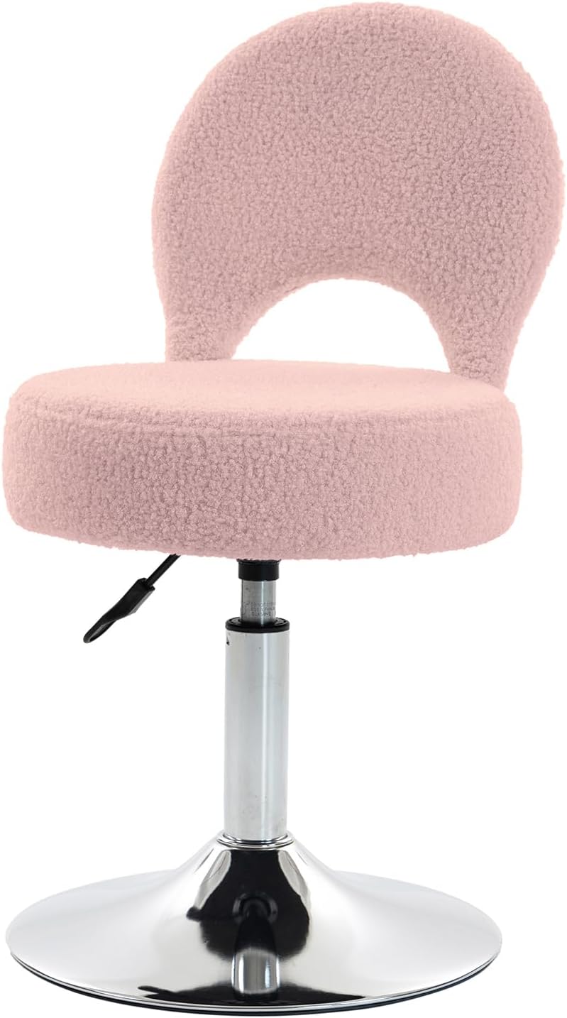 Small Vanity Chair, 360 Swivel Vanity Stool with Folding Back for Teenager, Comfy Teddy Ottoman Stool for Bedroom, Dressing Room, Teddy Fabric, White