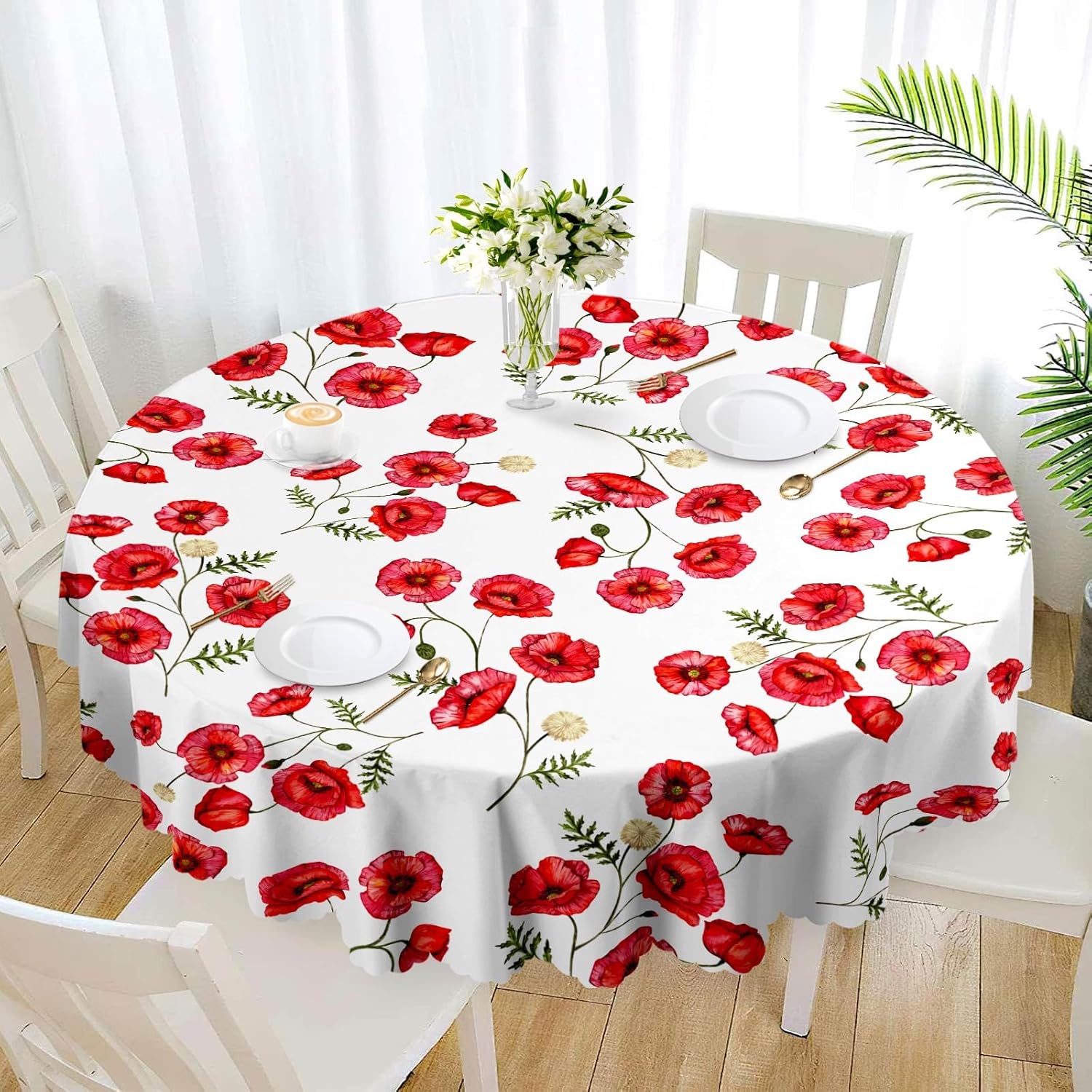 Round Tablecloth, Summer Tablecloths Polyester Waterproof Stain Wrinkle Free, Indoor and Outdoor Table Cover for Kitchen Party Dining Table