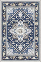 Soft Area Rugs 5x7, 5x7 Washable Rug with Non Slip Backing, 5 x 7 Faux Cashmere Low-Pile Carpet, Navy Blue & Gold