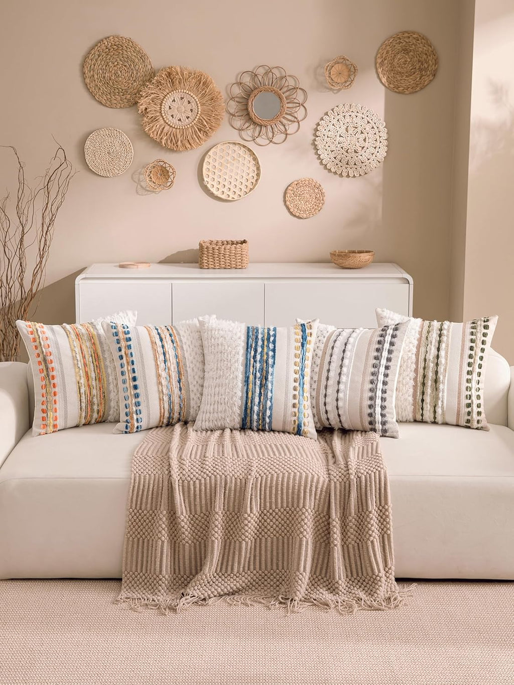 Boho Chenille Tufted Couch Throw Pillow Covers 18x18 Inch Set of 2 Farmhouse Striped Decorative Pillow Covers Accent Neutral Square Pillowcase Green Cushion Covers for Livingroom Sofa Bed