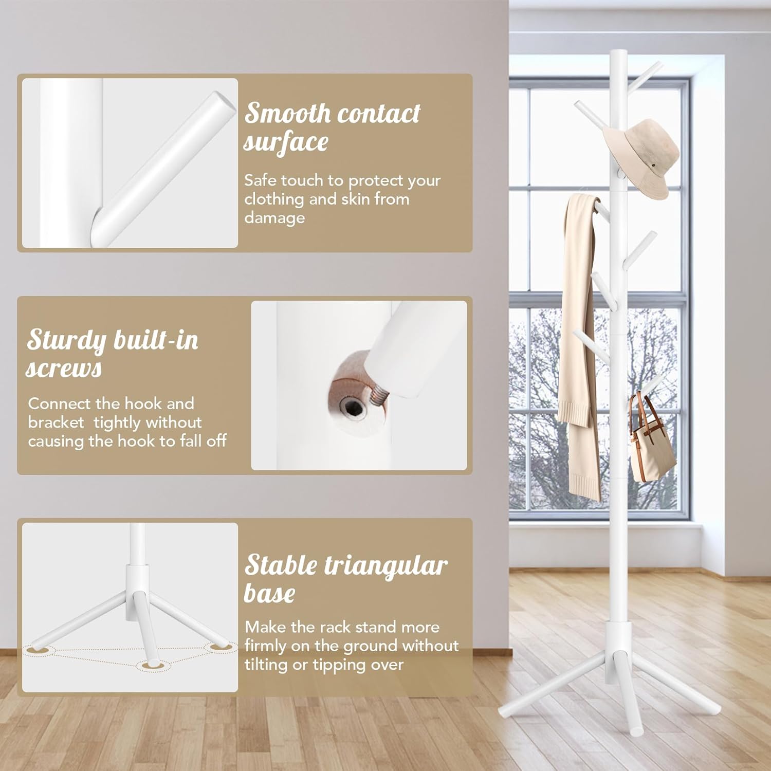 Coat Rack Freestanding with 8 Hooks,Easy Assembly New Zealand Pine Tree Coat Racks, 3 Adjustable Sizes for Clothes, Hats, Bags, for Entryway, Hallway, Bedroom, Office (White, 1 PC)