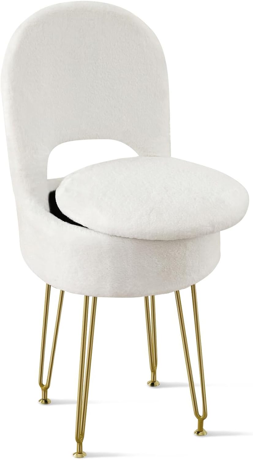 Vanity Chair with Storage and Folding Back, Faux Fur Square Storage Chair, Vanity Stool Chair with 4 Metal Legs for Bedroom, Living Room and Makeup Stations, 13.4"x 15"x 30", White