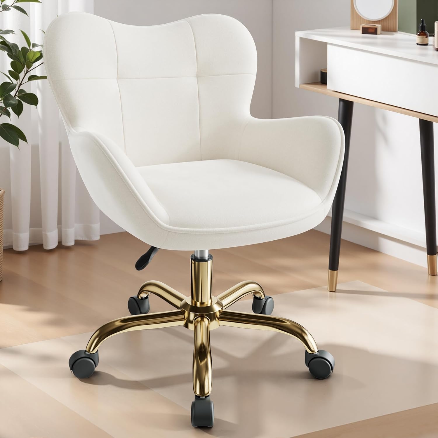 Vanity Chair with Wheels, Cute Home Office Desk Chairs Adjustable Height for Living Bedroom, Small Modern Fluffy Velvet Makeup Chair with Back for Girls (White)