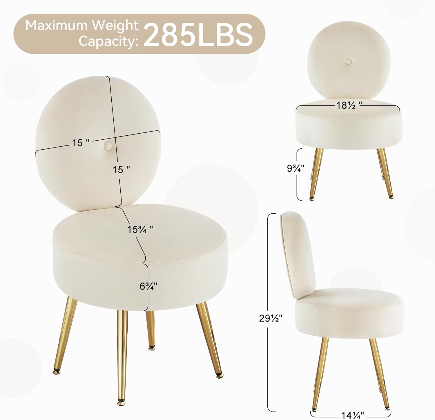 Armless Vanity Chair for Makeup Room, Velvet Vanity Stool with Back, Living Room Chair with Solid Metal Legs for Bedroom, Study Room, Vanity(Khaki)