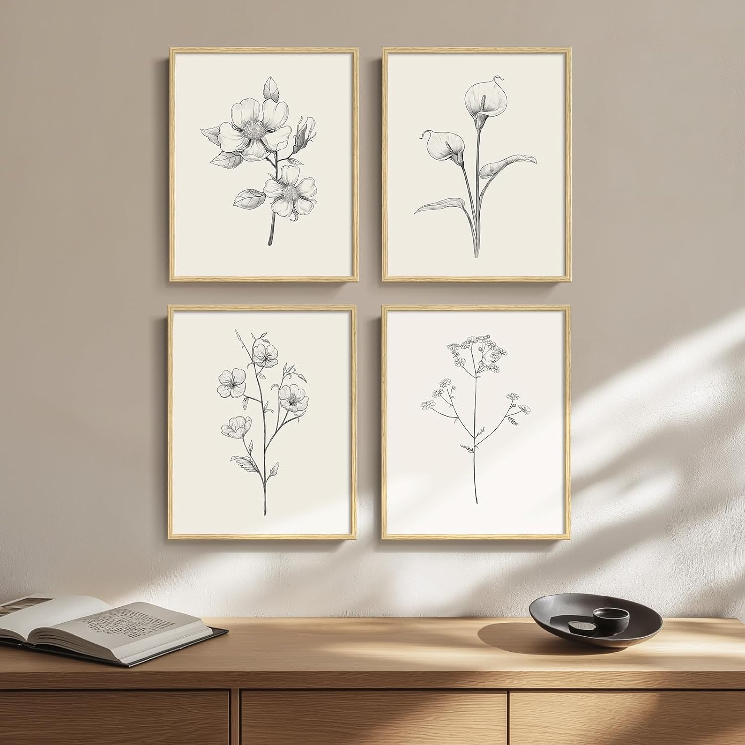 Framed Vintage Botanical Wall Art Bedroom, 4 Piece Rustic Farmhouse Floral Canvas Prints Artwork, Neutral Flower Butterfly Pictures for Modern Farmhouse Living Room Kitchen Bathroom Wall Decor, 11x14