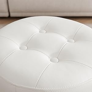 White Vanity Chair for Makeup Room Round Ottoman Tufted PU Leather Makeup Chair Vanity Stools for Bathroom Height Adjustable 360 Swivel