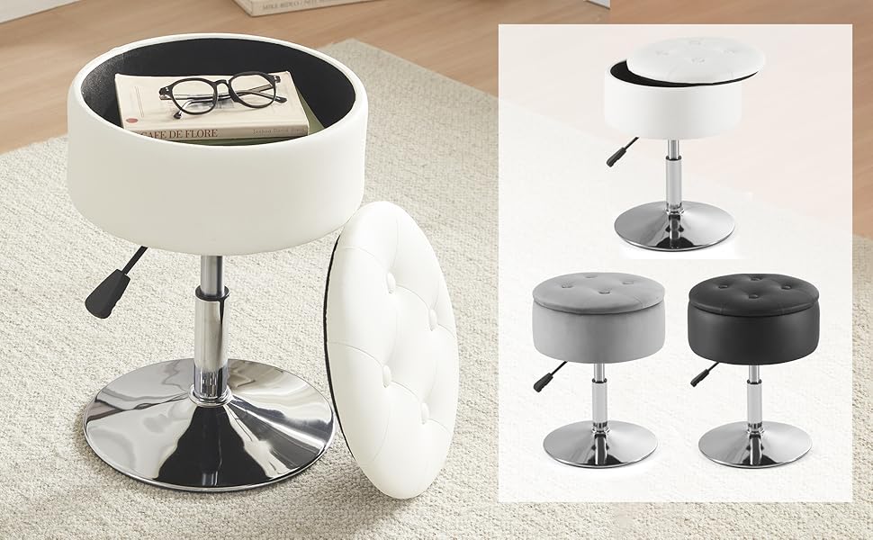 White Vanity Chair for Makeup Room Round Ottoman Tufted PU Leather Makeup Chair Vanity Stools for Bathroom Height Adjustable 360 Swivel