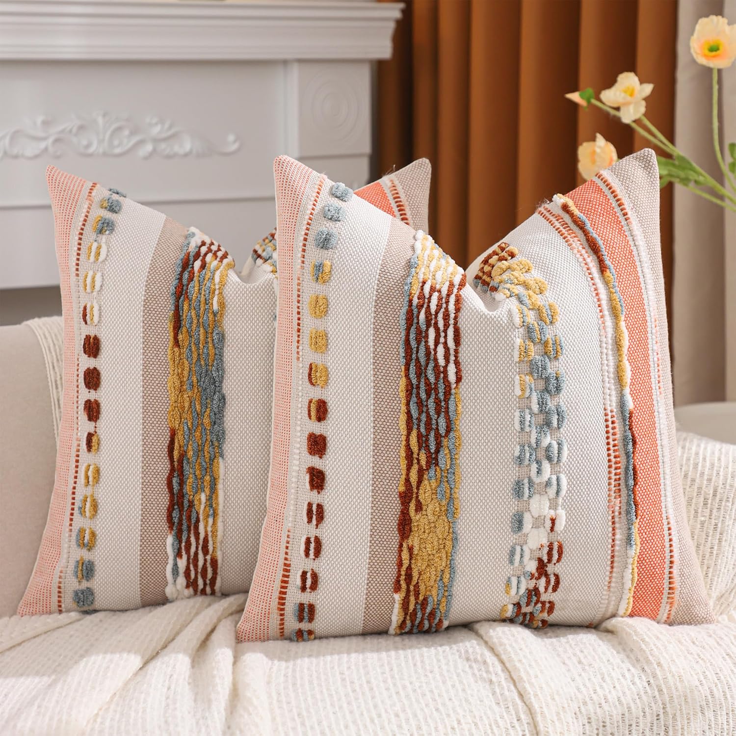 Grey Throw Pillow Covers 18x18 Set of 2 Boho Stripe Pillow Covers Tufted Decorative Pillow Case Accent Pillowcase Farmhouse Cushion Case Nuetral Textured Pillow Cover Spring Home Decor
