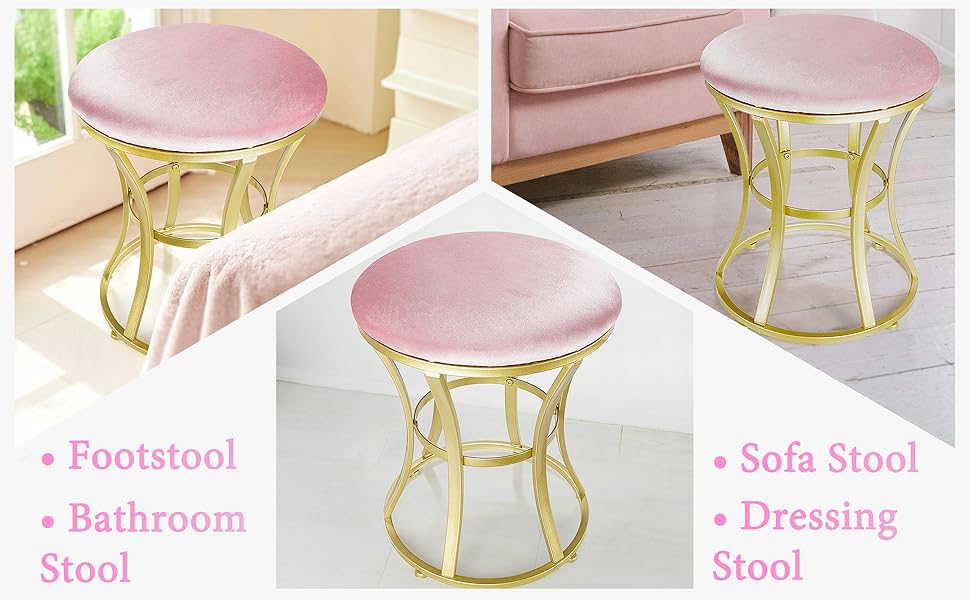 Velvet Round Vanity Stool,Pink Velvet Footrest Ottoman Foot Stool Seat with Golden Metal Legs,Makeup Chair for Bathroom Vanity,Bedroom,Living Room
