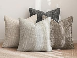 Pack of 4 Couch Throw Pillow Covers 18x18 Inch Neutral Soft Decorative Chenille Pillow Covers Farmhouse Boho Cushion Covers for Mid Century Modern Spring Home Decor Sofa Bedroom Living Room