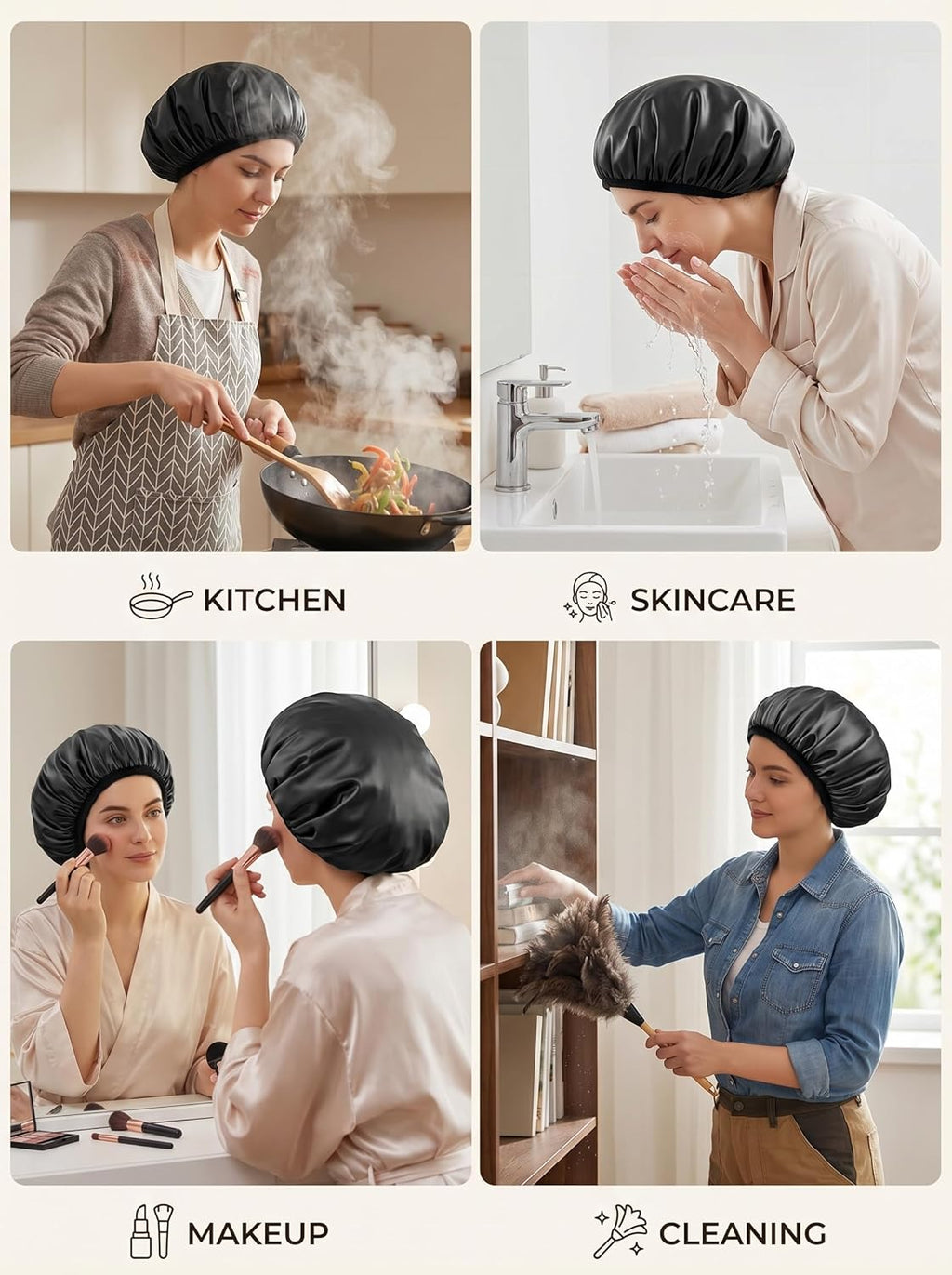 Shower Cap,Terry Lined Shower Cap for Women Reusable, Triple Layer Waterproof Bath Cap, Extra Large for Women Long Hair(Black)