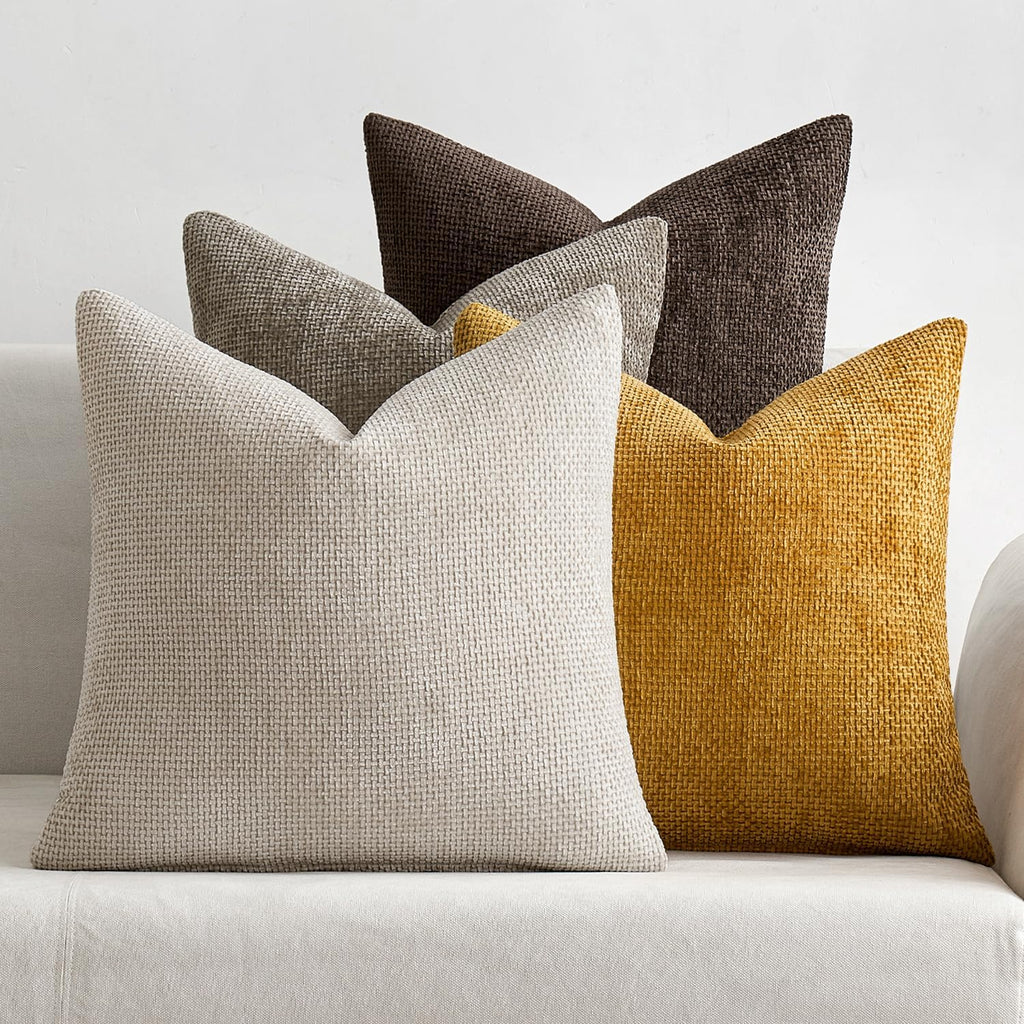 Pack of 4 Couch Throw Pillow Covers 18x18 Inch Neutral Soft Decorative Chenille Pillow Covers Farmhouse Boho Cushion Covers for Mid Century Modern Spring Home Decor Sofa Bedroom Living Room