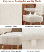 Vanity Chair, Storage Ottoman with Folding Back & Gold-Toned Metal Legs, Ottoman Seat with Teddy Velvet for Dressing Room Living Room Bedroom, 16" x 12.5" Inch