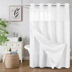 No Hook Waffle Shower Curtain with Snap in Fabric, Waterproof Shower Curtains with See Through Top Window, Hotel Luxury Heavy Duty Bathroom Curtain and Liner Set, 72'' x 75'', Black