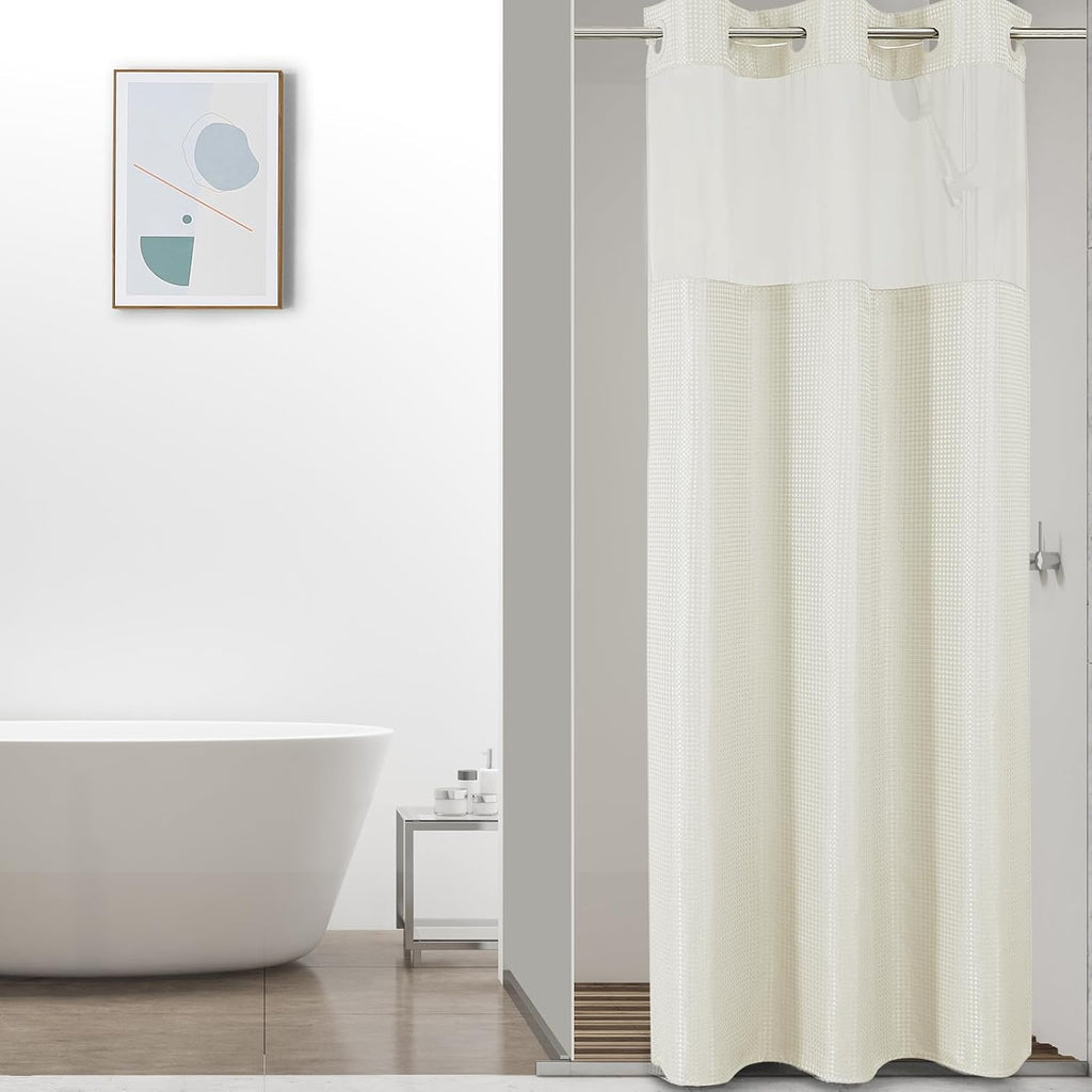 No Hook Waffle Shower Curtain with Snap in Fabric, Waterproof Shower Curtains with See Through Top Window, Hotel Luxury Heavy Duty Bathroom Curtain and Liner Set, 72'' x 75'', Black