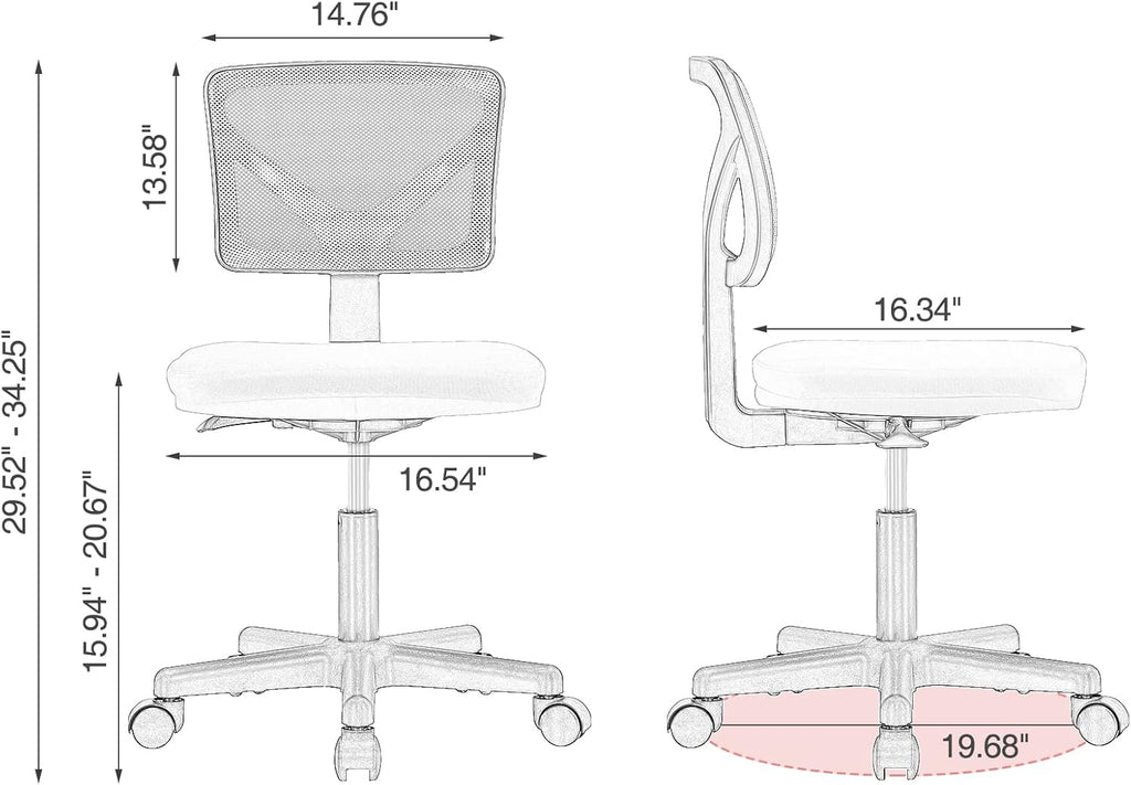 Small Desk Chair, Ergonomic Low-Back Mesh Rolling Work Swivel Chairs with Wheels, Armless Comfortable Seat Lumbar Support for Home, Bedroom, Study, Student, Adults,Classic Pink
