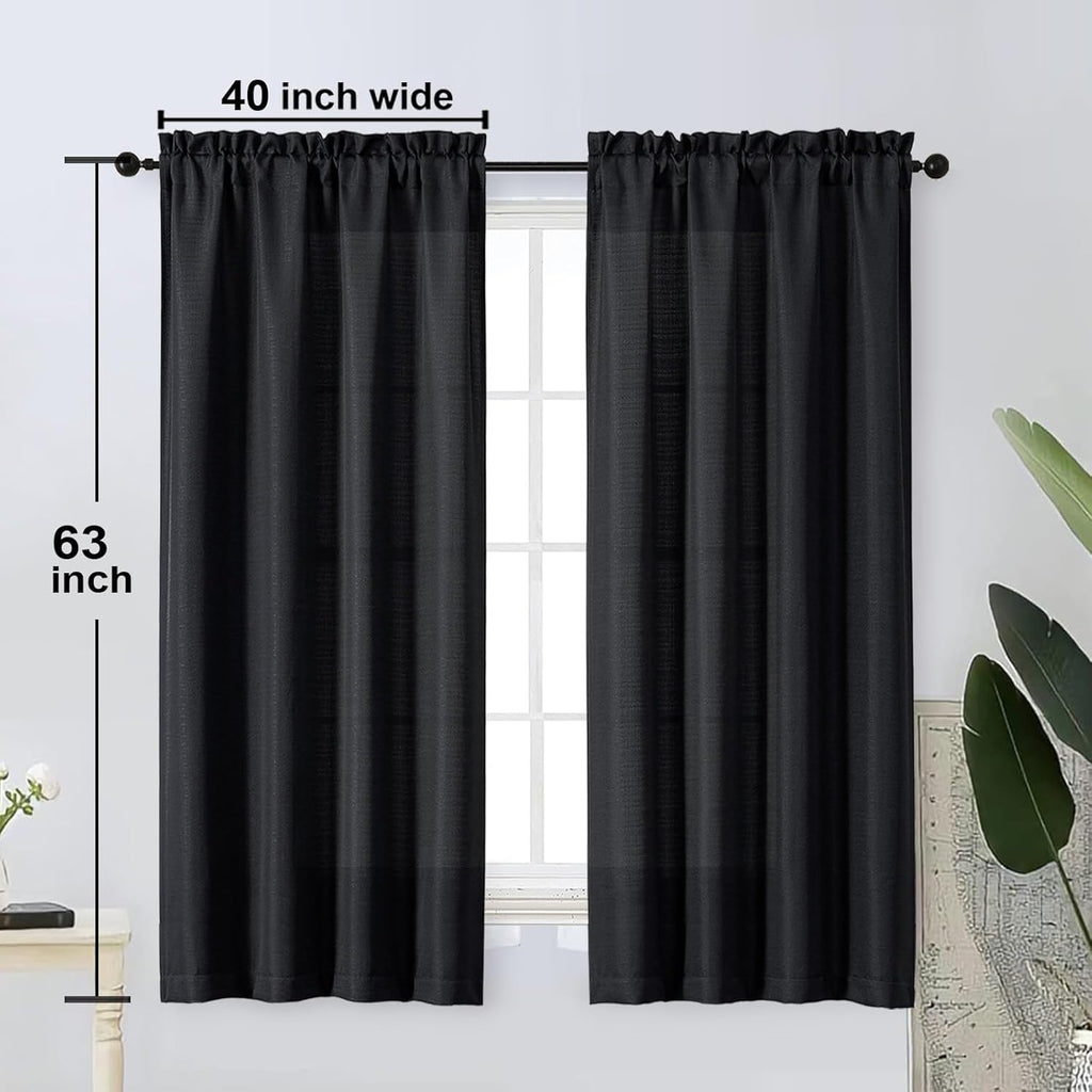 Black Curtains 63 Inch Length 2 Panels Set for Living Room Bedroom, Light Filtering Faux Linen Textured Soft Window Curtain, Airy Soft Rod Pocket cortinas para cuarto, 40Wx63L Inches, 2 Pcs