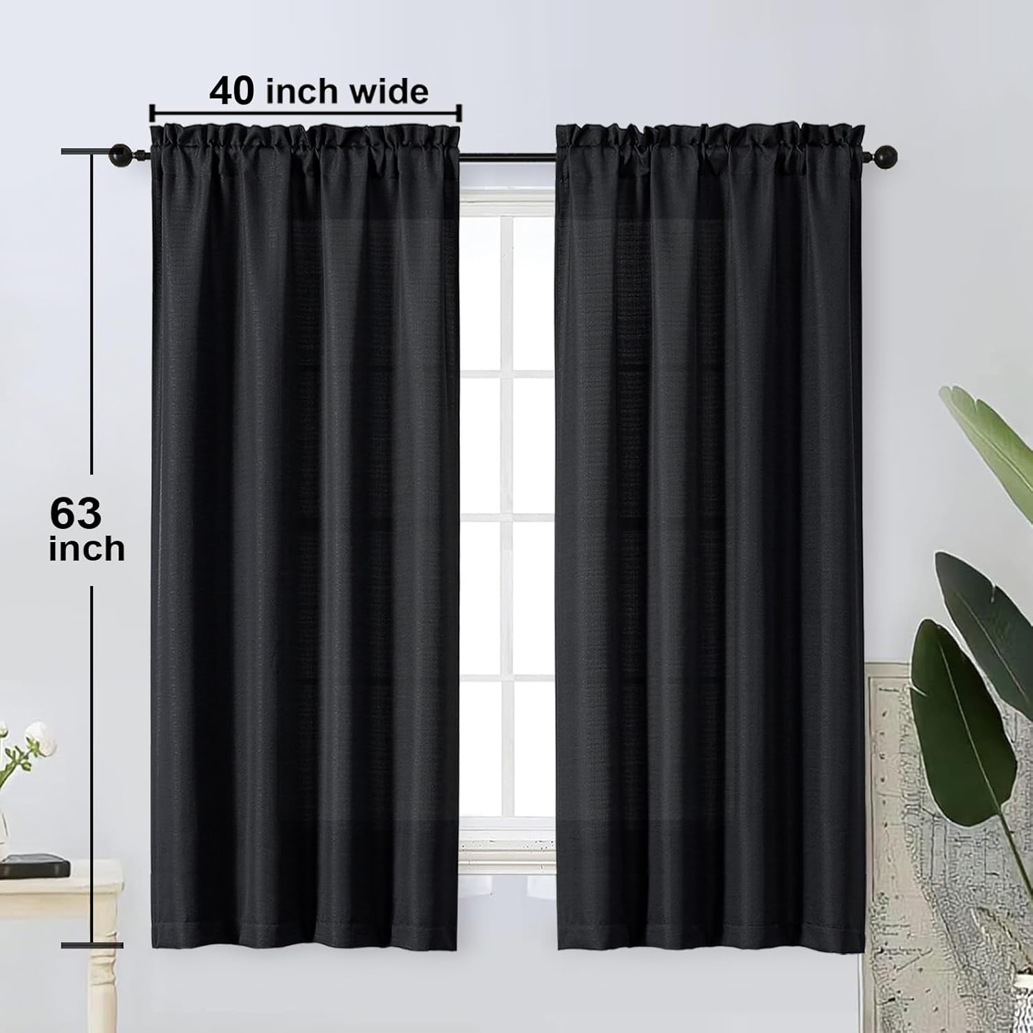 Black Curtains 63 Inch Length 2 Panels Set for Living Room Bedroom, Light Filtering Faux Linen Textured Soft Window Curtain, Airy Soft Rod Pocket cortinas para cuarto, 40Wx63L Inches, 2 Pcs