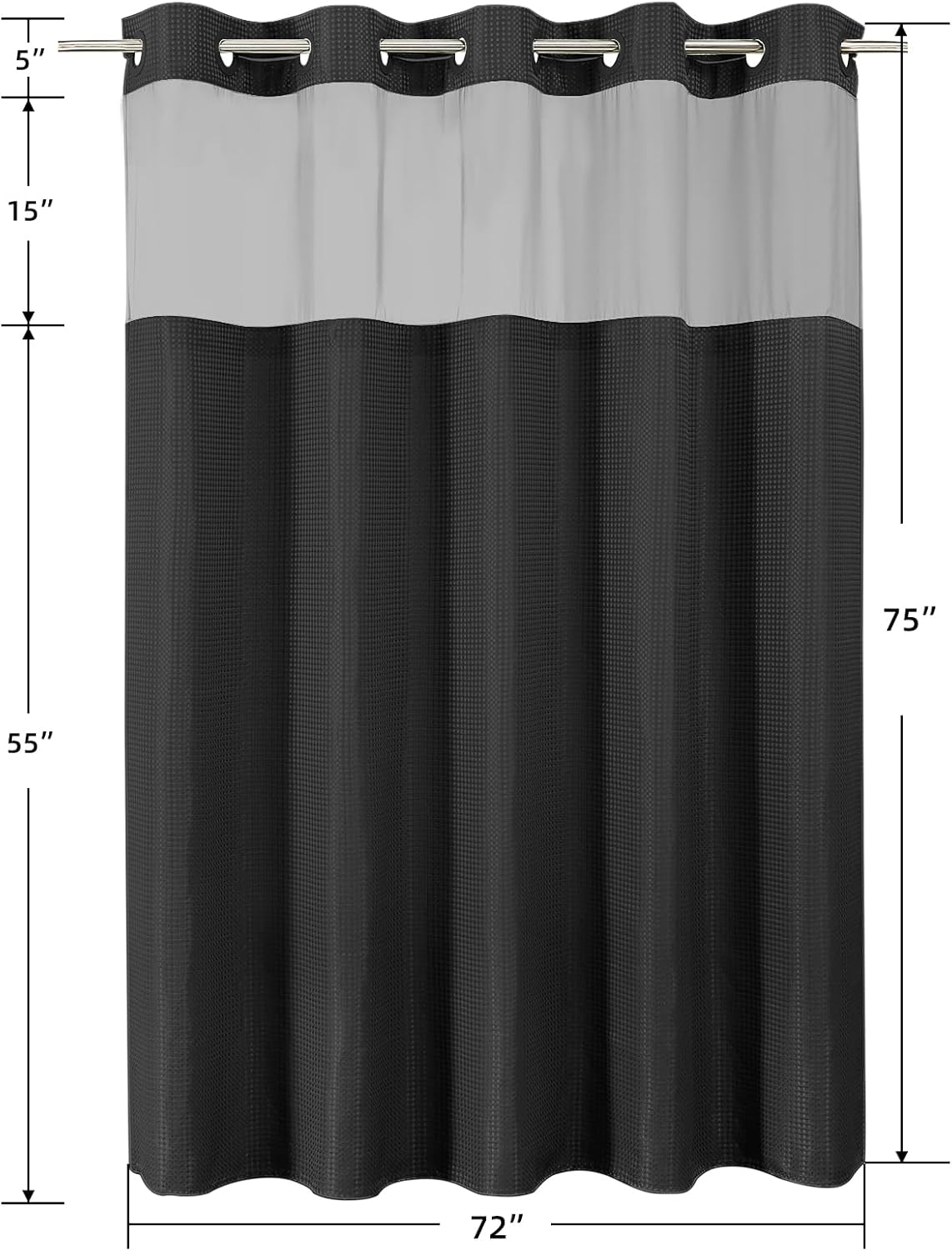 No Hook Waffle Shower Curtain with Snap in Fabric, Waterproof Shower Curtains with See Through Top Window, Hotel Luxury Heavy Duty Bathroom Curtain and Liner Set, 72'' x 75'', Black