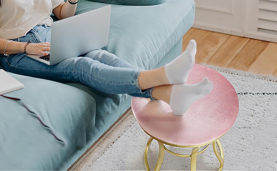 Velvet Round Vanity Stool,Pink Velvet Footrest Ottoman Foot Stool Seat with Golden Metal Legs,Makeup Chair for Bathroom Vanity,Bedroom,Living Room