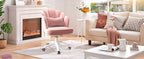 Chair with Bow Cushion Velvet Vanity Chair with Wheels, Upholstered Home Office Chair for Girls Women, Mid-Back Swivel Computer Task Chairs for Living Room Bedroom
