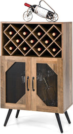 Giantex Farmhouse Wine Bar Cabinet, 11 Bottles Rack, Buffet Cabinet with Storage, Industrial Kitchen Sideboard, Anti-Tipping Design, 2 Doors, Glass Holder, for Living Room (Brown & Black)