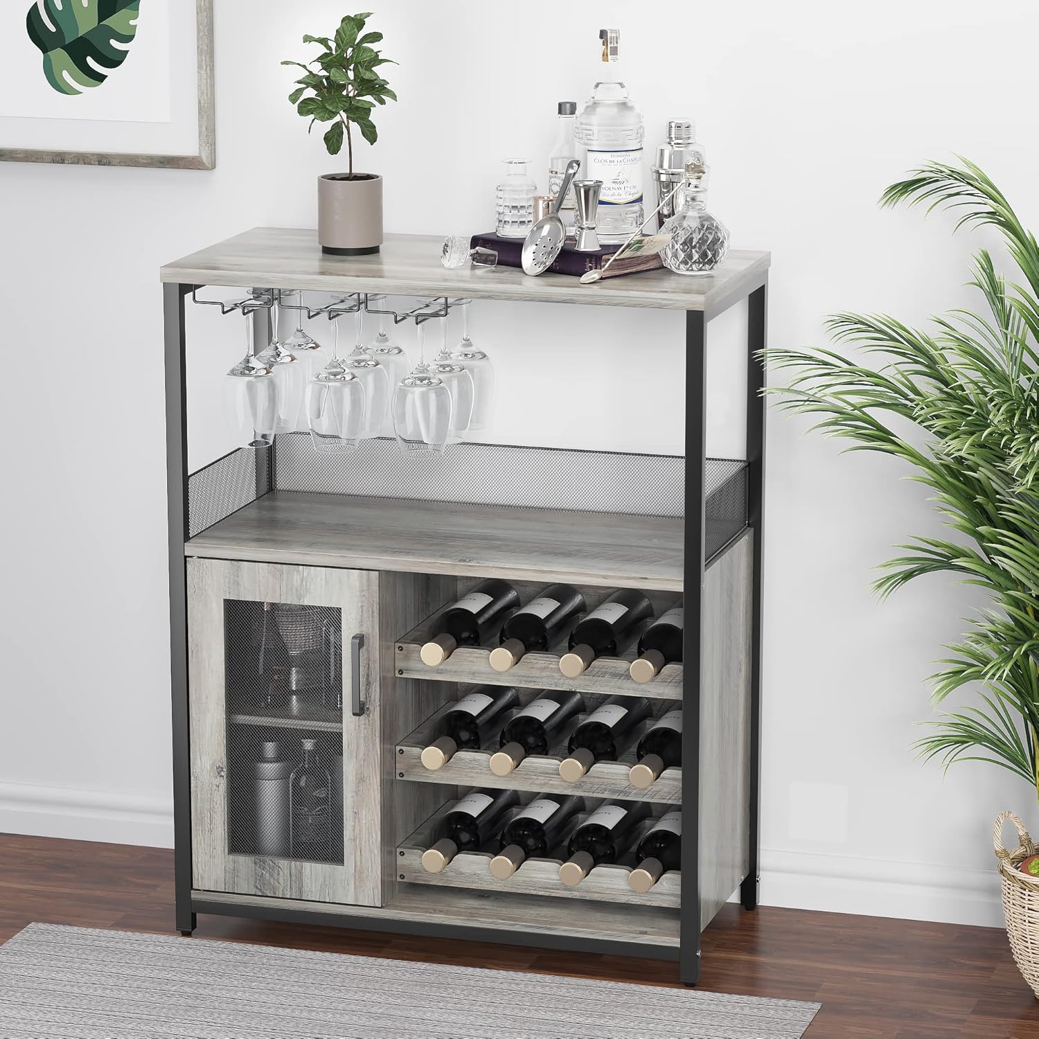 Wine Bar Rack Cabinet with LED Light, Adjustable Shelves Coffee Bar Cabinet with Mesh Door and Baffle Design, 36″ Tall Small Liquor Bar Cabinet for Home, Kitchen, Dinning Room, Rustic Brown
